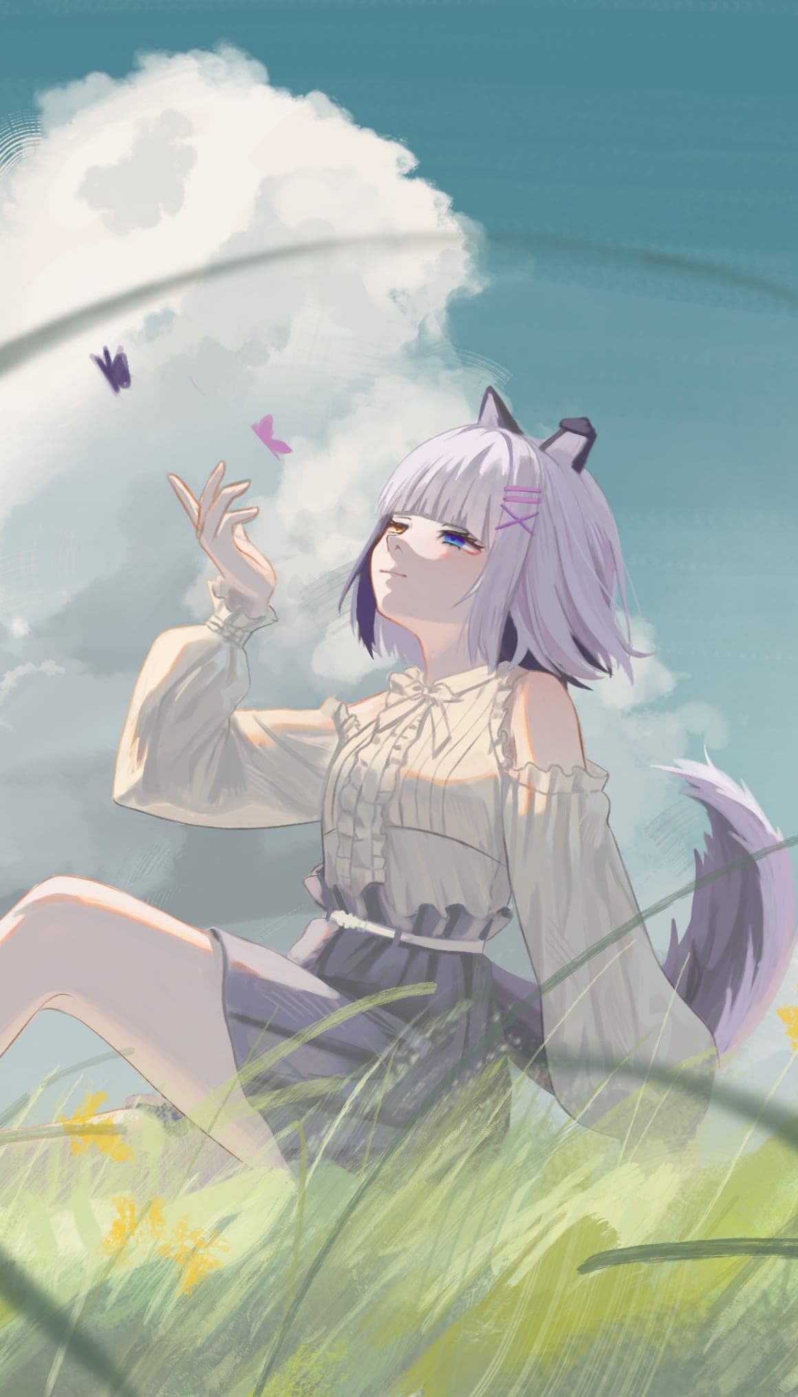 Ilustrasi Asuka Cheeda Jetto duduk di padang rumput di bawah langit berawan